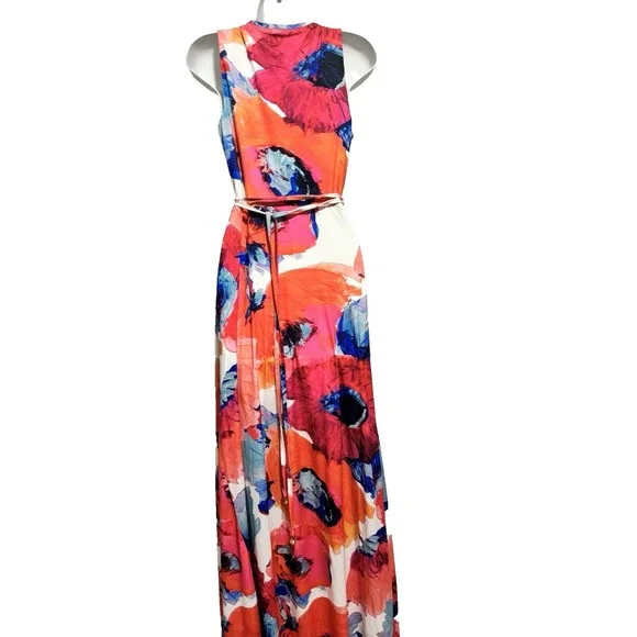 Trina Turk maxi Wrap Dress Floral Sleeveless Size 4 White Pink Orange Lined - Picture 2 of 14
